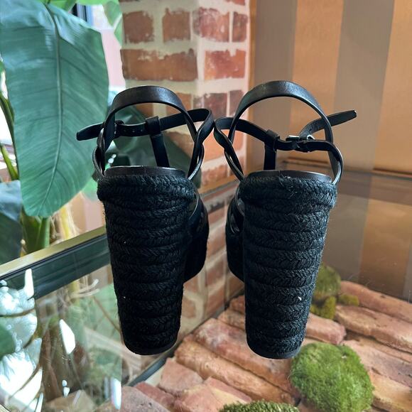 SAINT LAURENT Tribute Black Leather Espadrille Wedges SZ 39 - Picture 4 of 6